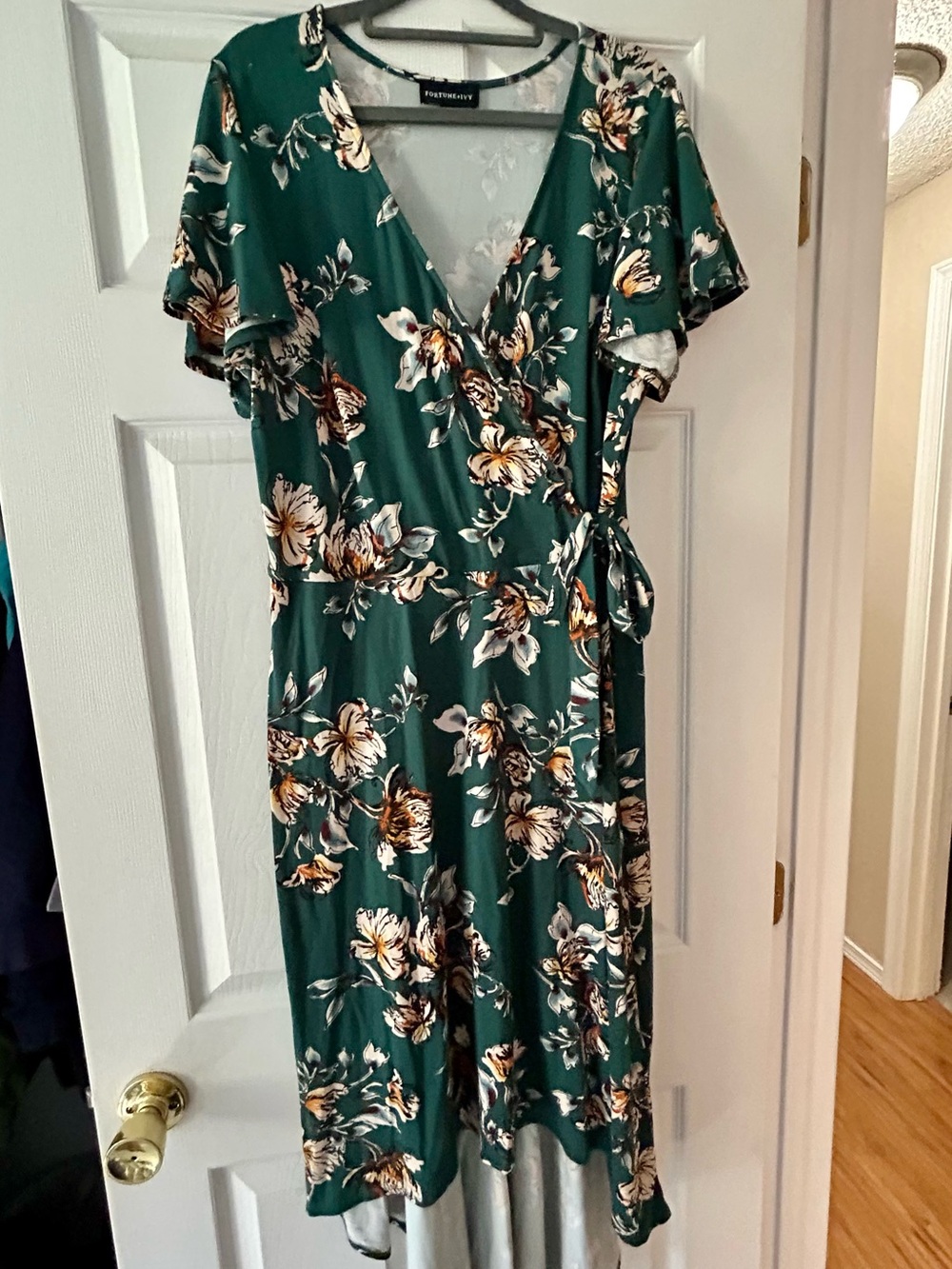 Forest Green Floral Wrap Midi Dress with Tie Waist